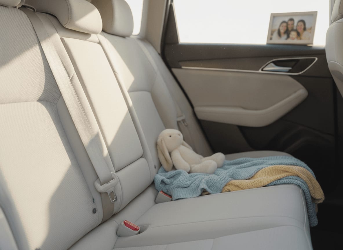 Ab wann ohne Kindersitz? Der leere Rücksitz eines Autos mit dem fahrzeugeigenen Sicherheitsgurt, bereit zur Nutzung ohne Sitzerhöhung.