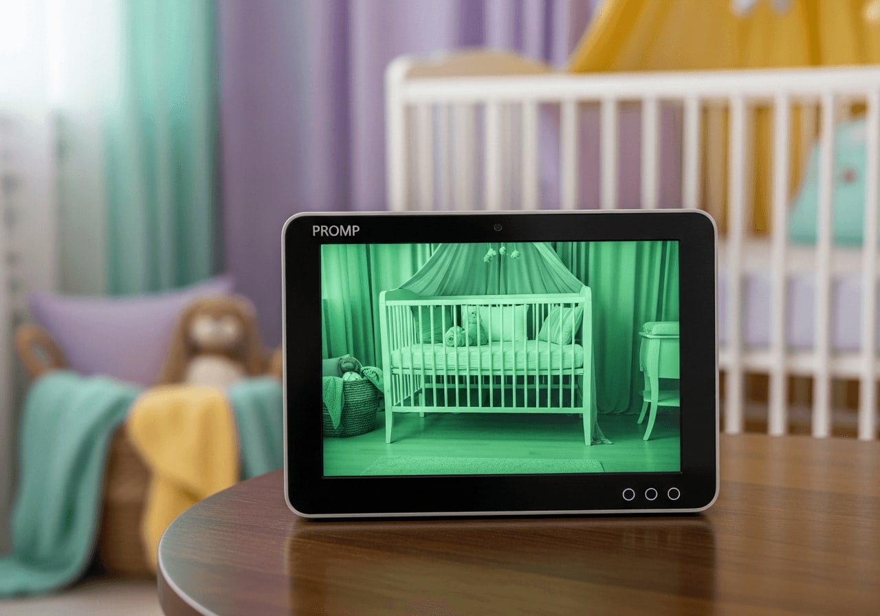 Babyphone-Display zeigt die Nachtsicht-Aufnahme eines leeren Beistellbetts im abgedunkelten Raum