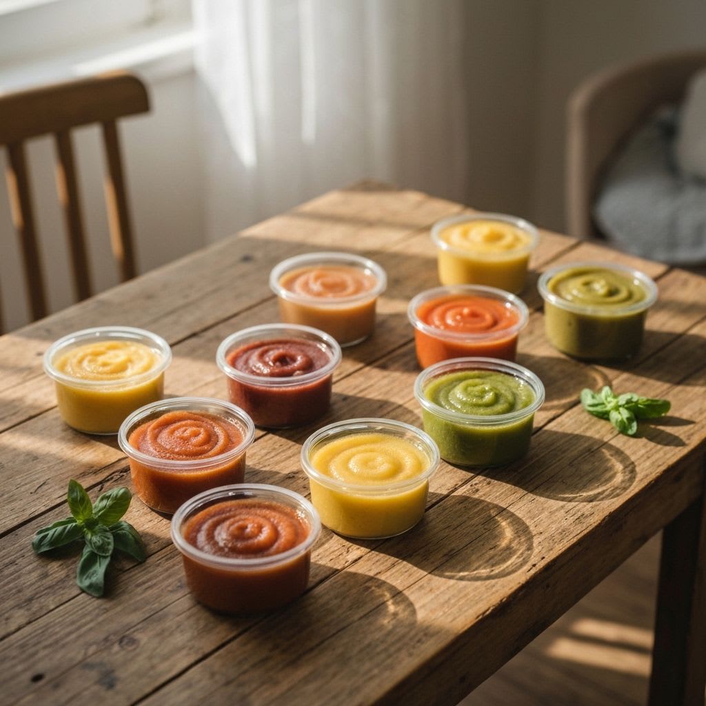 Sortiment von Beikostgläschen mit püriertem Obst und Gemüse auf einem Holztisch, gesunde Optionen für die Babyernährung.