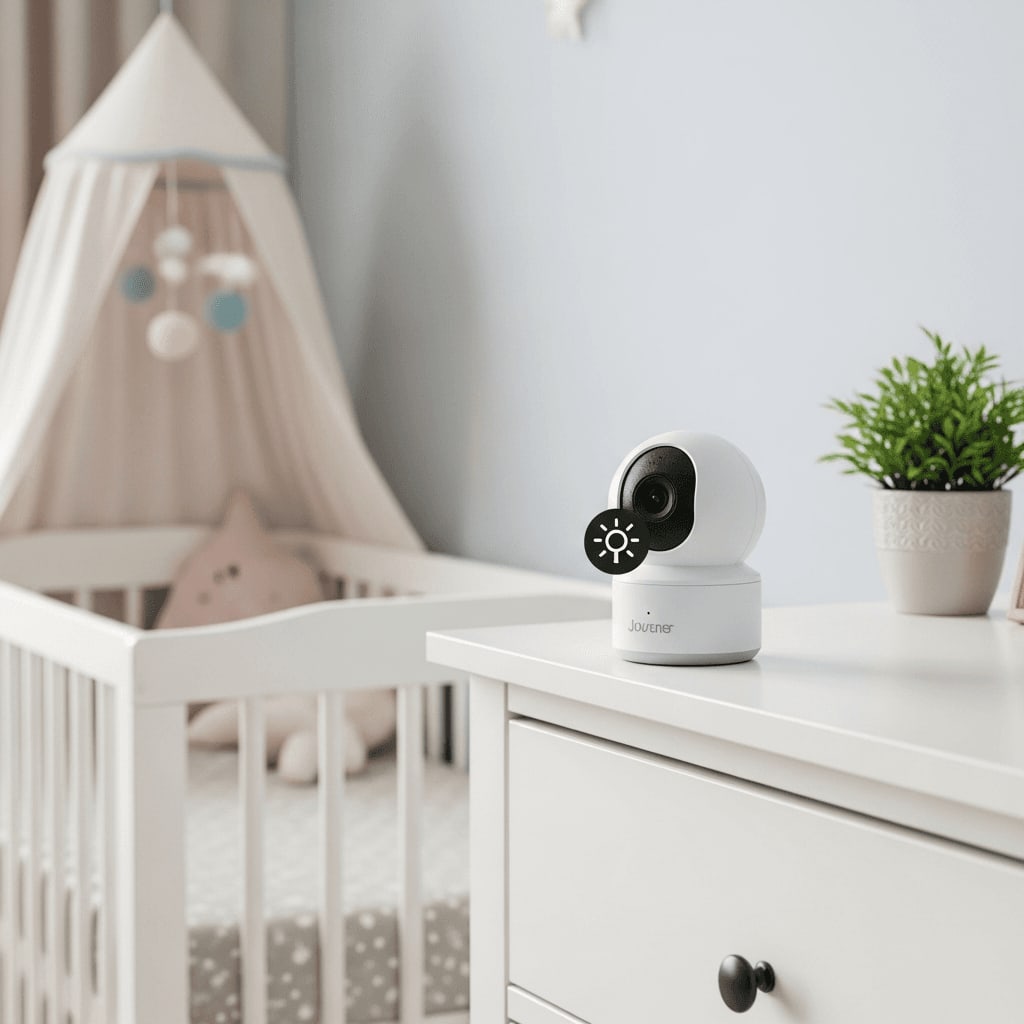 Weiße Babyphone-Kamera auf einer Kommode mit einem LightDims-Sticker über der LED-Anzeige als DIY-Lösung