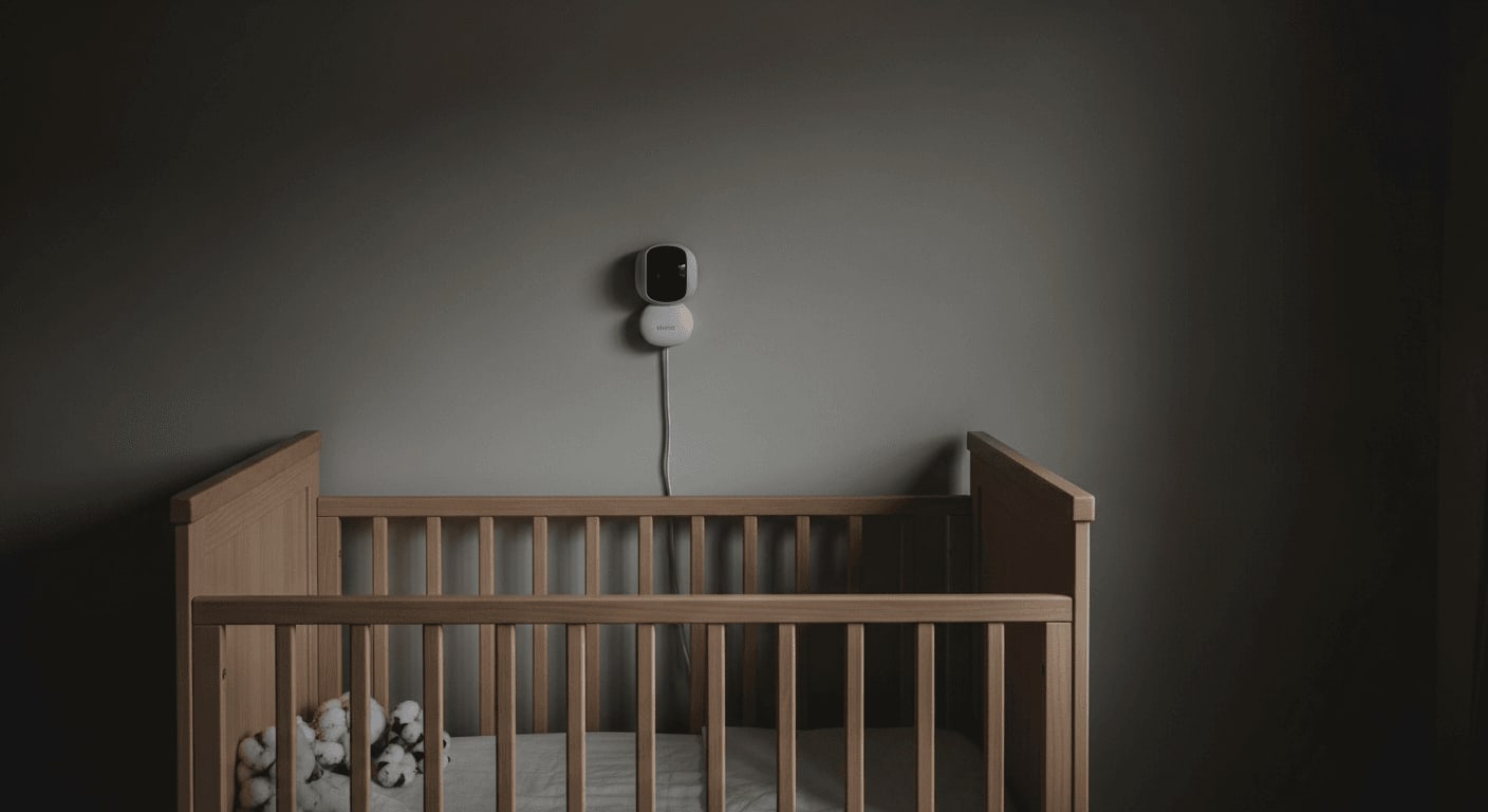 Modernes Babyphone ohne störende LEDs über einem leeren Kinderbett im dunklen Schlafzimmer bei Mondlicht