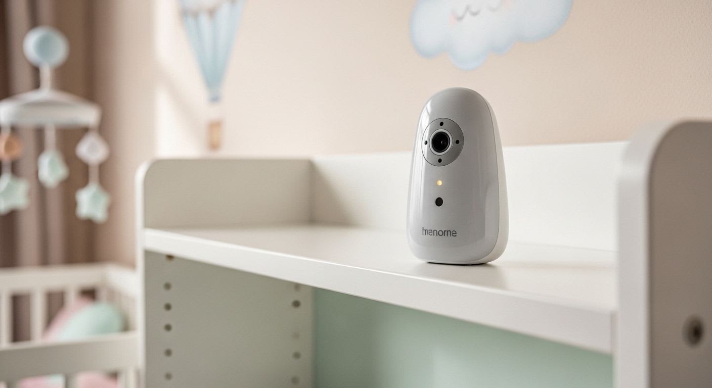 Ein Babyphone richtig einstellen für maximale Privatsphäre: Die Kameraeinheit steht sicher in einem stilvollen, warm beleuchteten Zimmer.