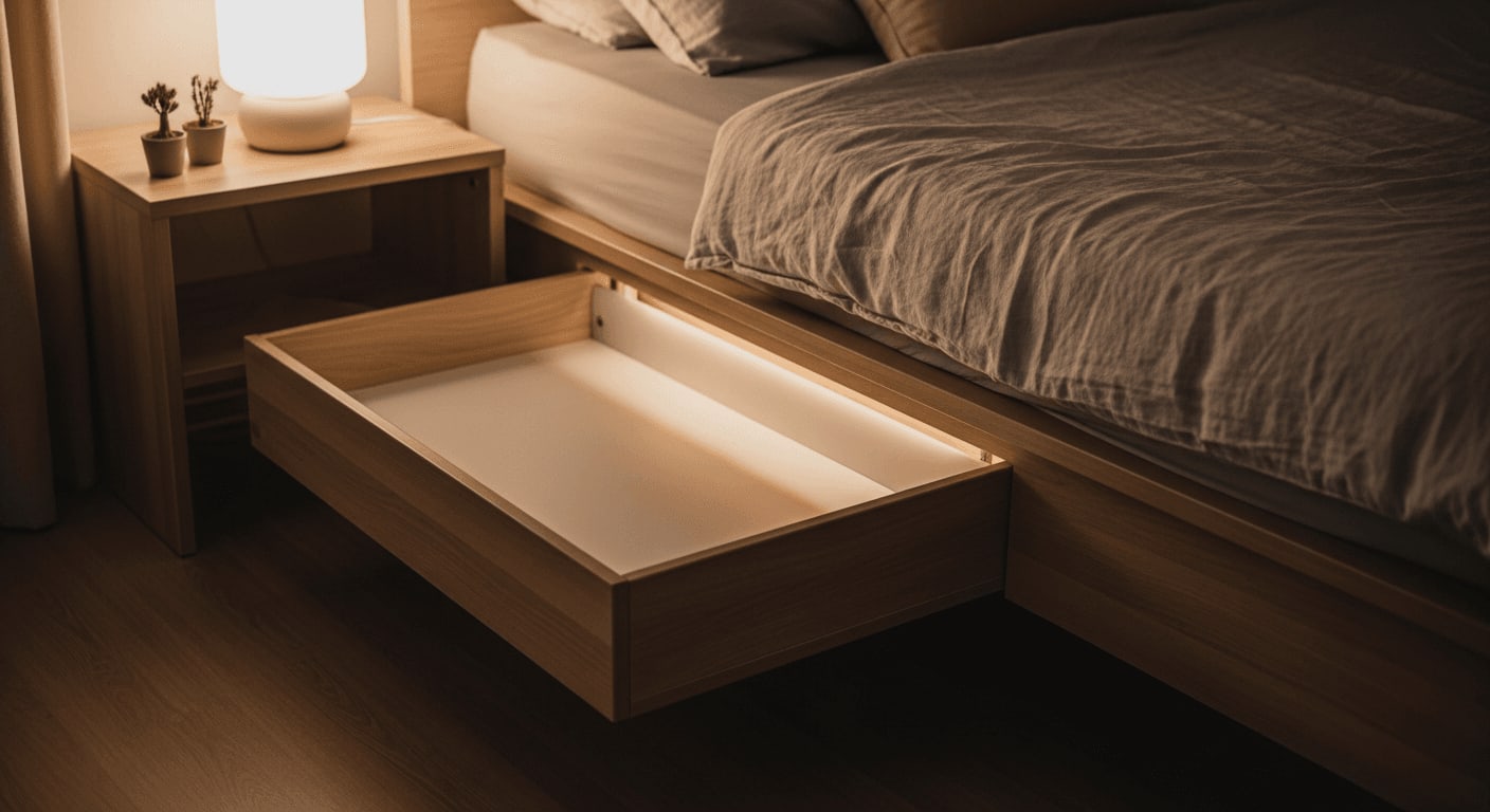 Leeres Beistellbett aus Holz direkt an einem Elternbett im abgedunkelten Schlafzimmer während der nächtlichen Schlafenszeit.