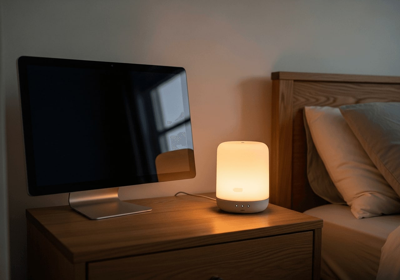 Moderne White Noise Maschine mit sanftem Licht auf einem Nachttisch als Einschlafhilfe bei Babyschlafproblemen und kurzen Wachfenstern.
