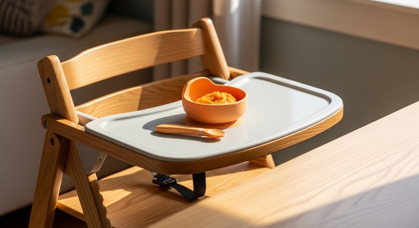 Ein moderner Hochstuhl steht an einem sonnigen Esstisch bereit für die erste Mahlzeit, ein klares Beikost Reifezeichen für den Start.