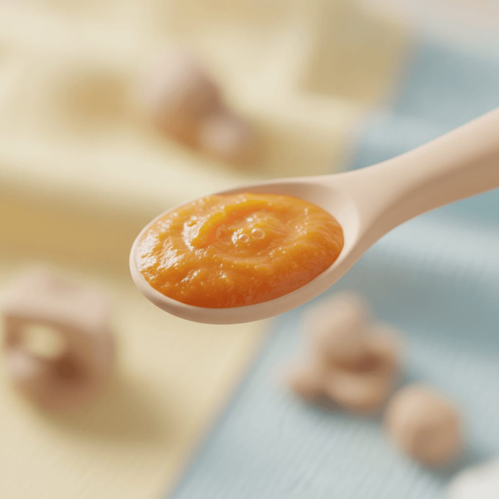 Ein Löffel mit leuchtend orangem Karottenbrei, Teil der bunten Vielfalt im Beikostplan mit Mengenangabe für den Start.