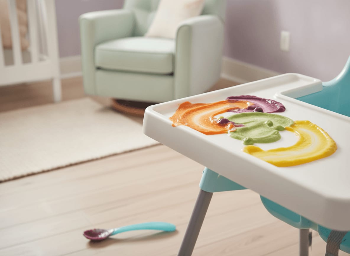 Ein unordentlicher Hochstuhl-Tisch nach dem Essen, der zeigt, dass beim Beikostplan mit Mengenangabe nicht alles perfekt läuft.