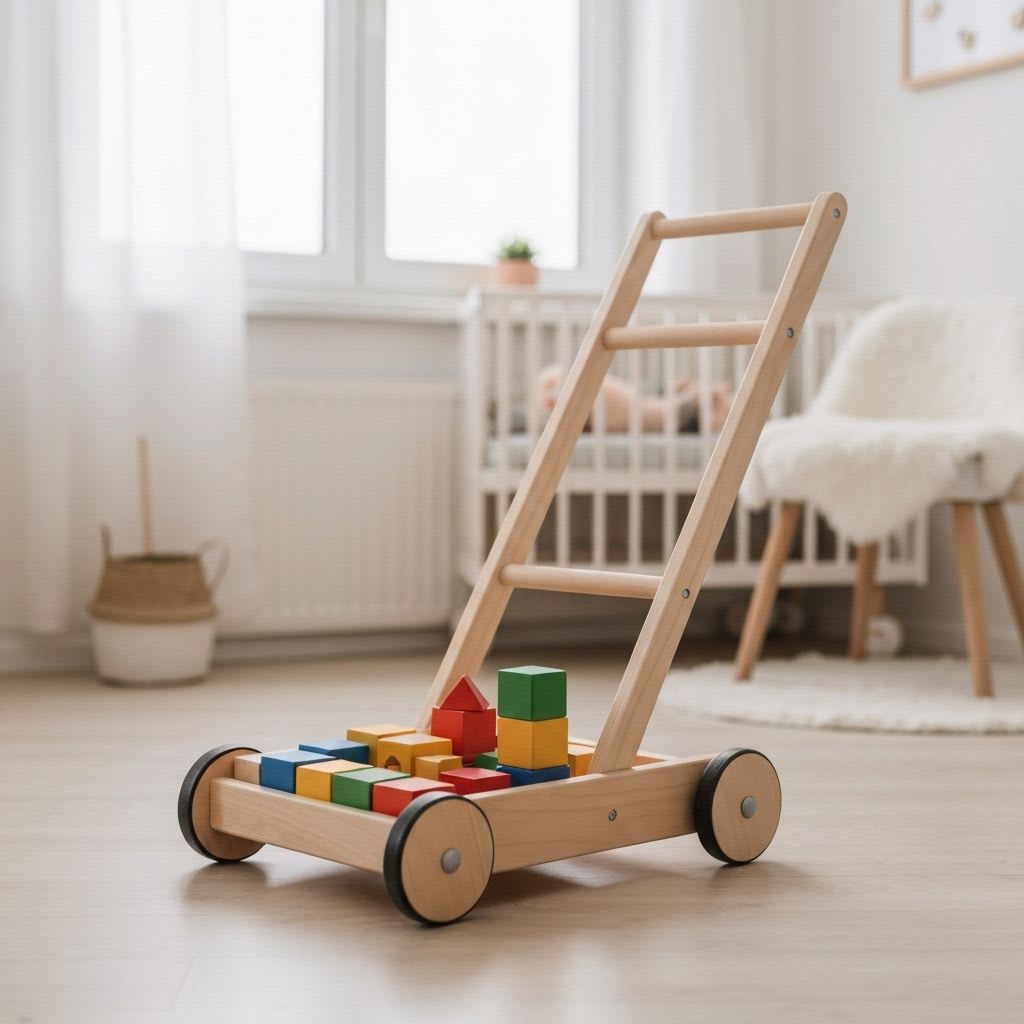 Robuster Holz-Lauflernwagen mit Bauklötzen, der die Mobilität und die Entwicklungsschritte zu den ersten Schritten im 1. Jahr symbolisiert.