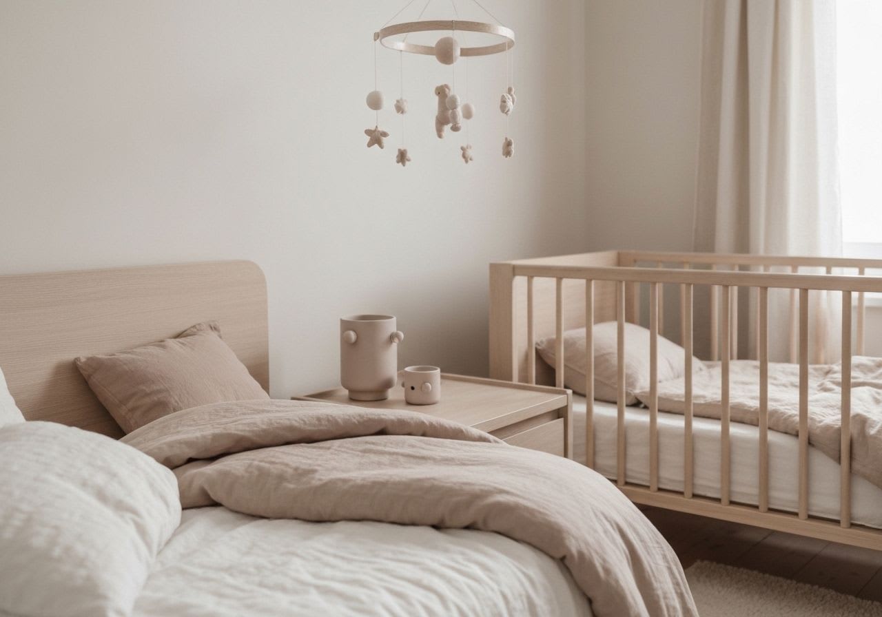 Ein ruhiges Beistellbett mit weicher Bio-Baumwollbettwäsche, ideal für die frühen Entwicklungsschritte und Schlafphasen im ersten Lebensmonat.