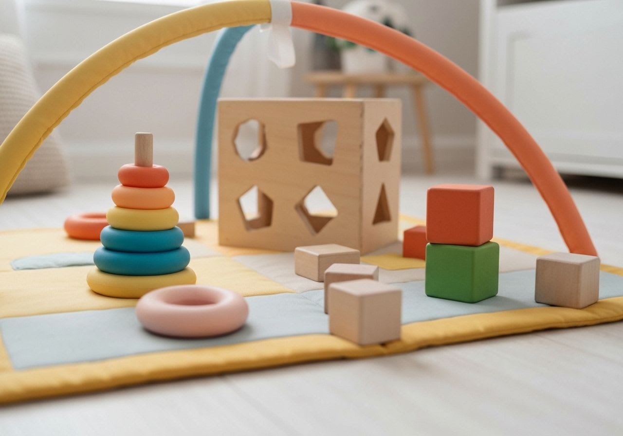 Eine farbenfrohe Spielmatte mit taktilen Spielzeugen, die die Entwicklungsschritte wie Fortbewegung und Pinzettengriff im siebten bis neunten Monat fördert.