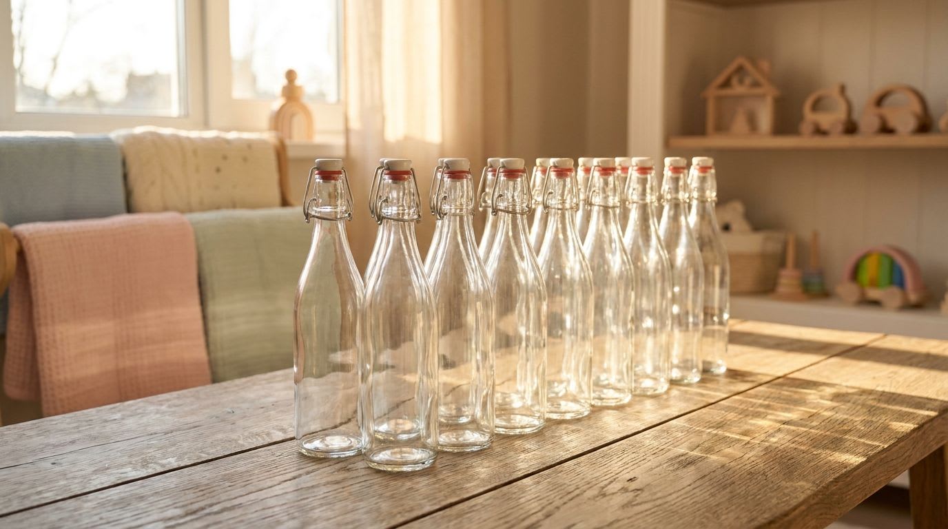 Strahlend saubere Glasflaschen, die für das Sterilisieren von Sirup bereitstehen, in warmem Sonnenlicht.