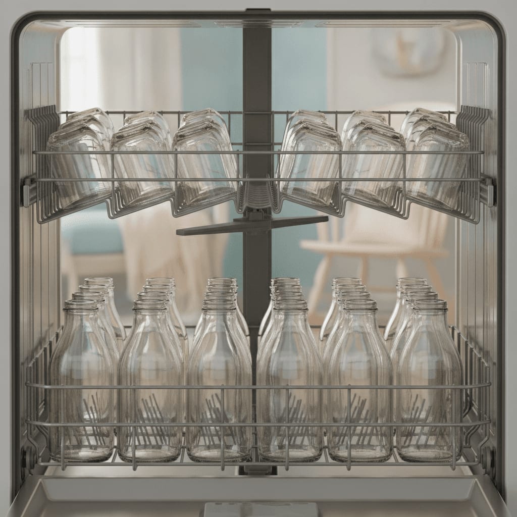 Saubere Glasflaschen sind zum Sterilisieren in den Körben einer modernen Spülmaschine eingeordnet.