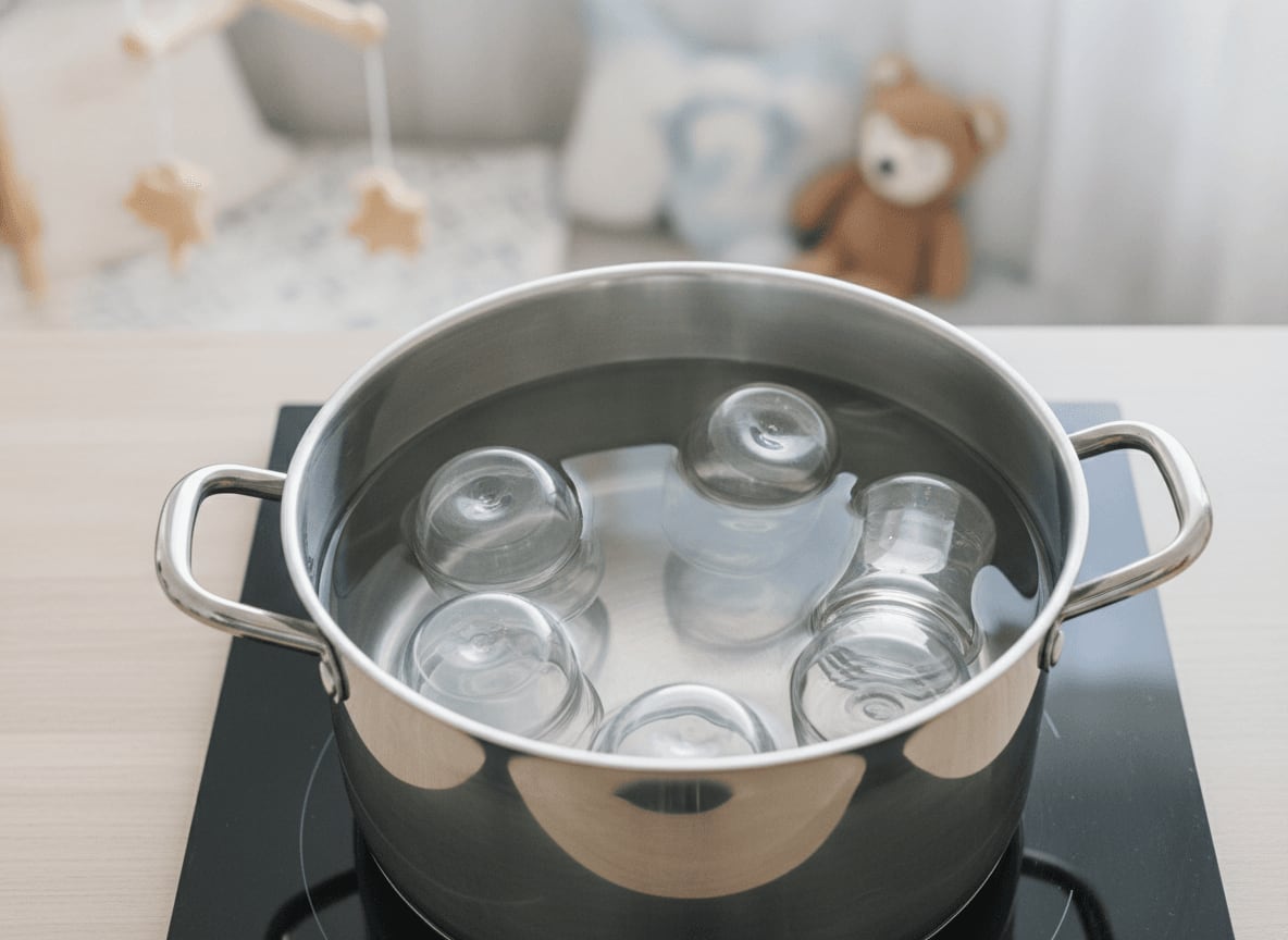 Glasflaschen zum Sterilisieren in einem großen Topf mit Wasser; die Methode des Auskochens wird gezeigt.