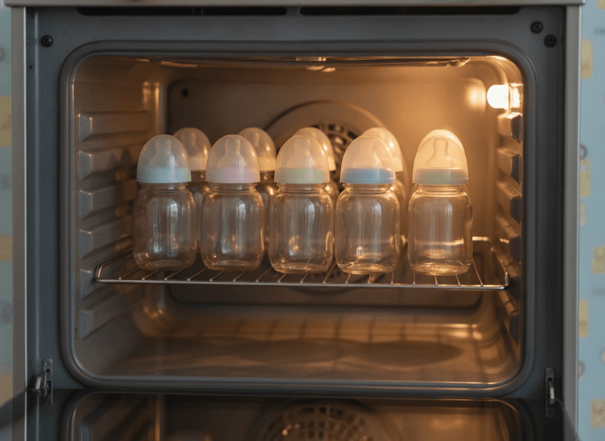Leere Glasflaschen stehen im Backofen auf einem Gitterrost zum Sterilisieren bei hoher Temperatur für Sirup.