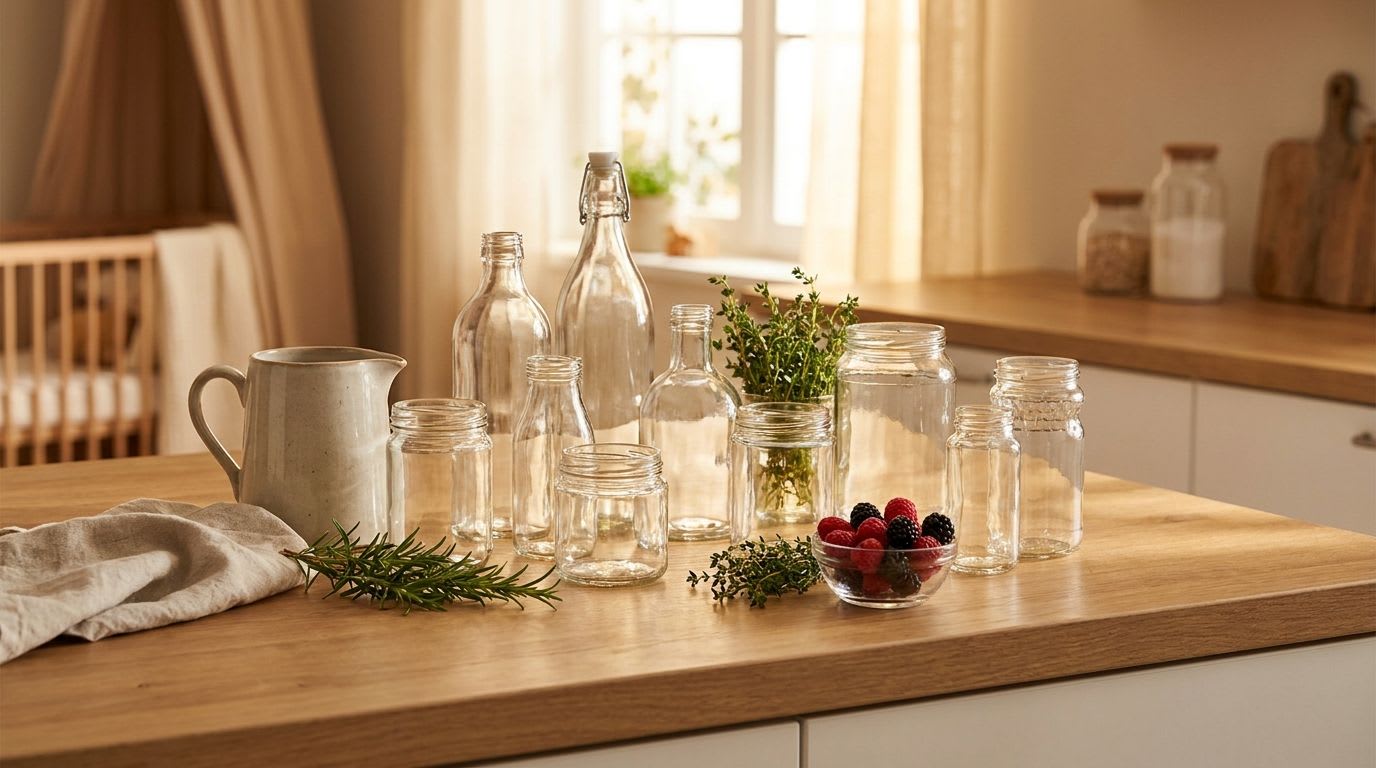 Eine Auswahl sterilisierter Flaschen für Sirup und Likör, stimmungsvoll in einer Küche für den Guide arrangiert.