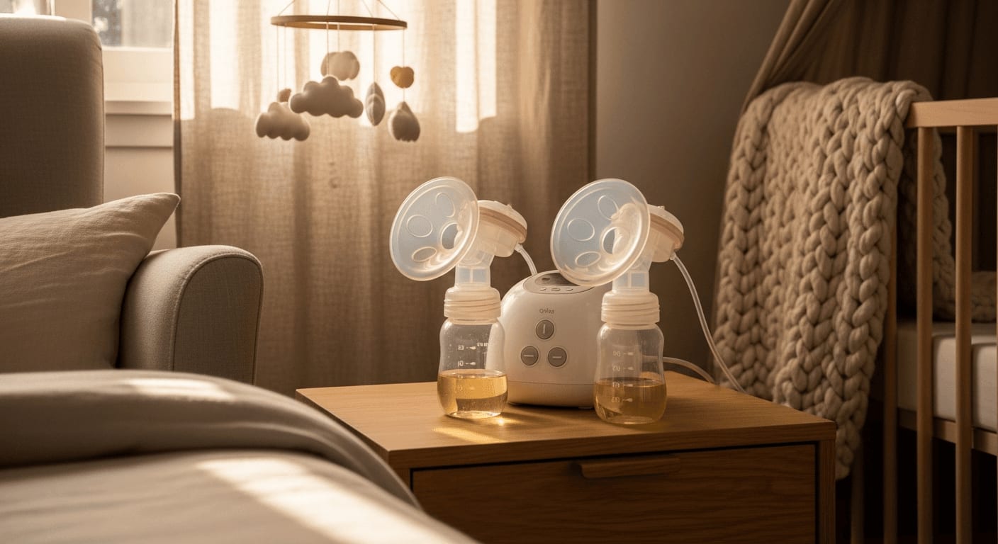 Moderne elektrische Milchpumpe mit Zubehör auf einem Holztisch im gemütlich beleuchteten Schlafzimmer.