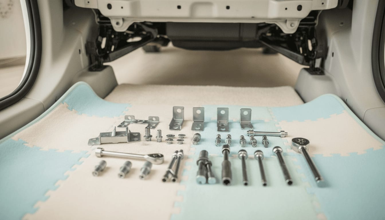 Ein offizieller Nachrüstsatz zum Isofix nachrüsten mit Metallbügeln und Schrauben liegt für den Einbau am Fahrzeugrahmen bereit.