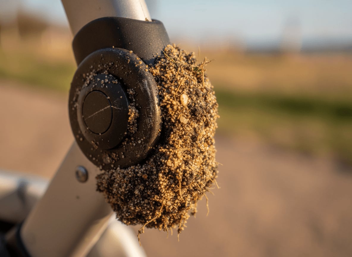 Detailaufnahme eines verschmutzten Gelenks an einem Buggy, eine häufige Ursache, wenn das Zusammenklappen klemmt.