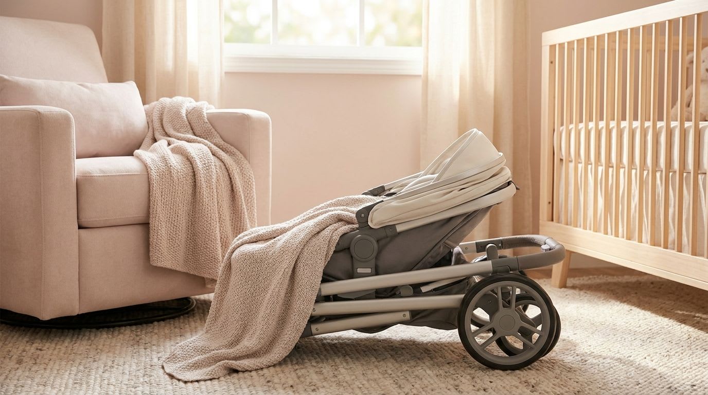 Ein stilvoller Buggy, der nur halb zusammengeklappt ist, illustriert das Problem, wenn ein Joie Buggy klemmt.