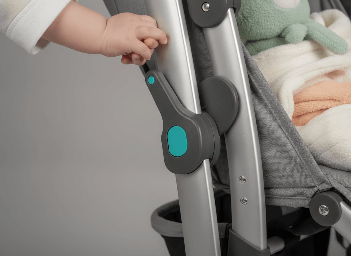 Nahaufnahme der Transportsicherung an einem Joie Kinderwagen, die vor dem Aufklappen gelöst werden muss.