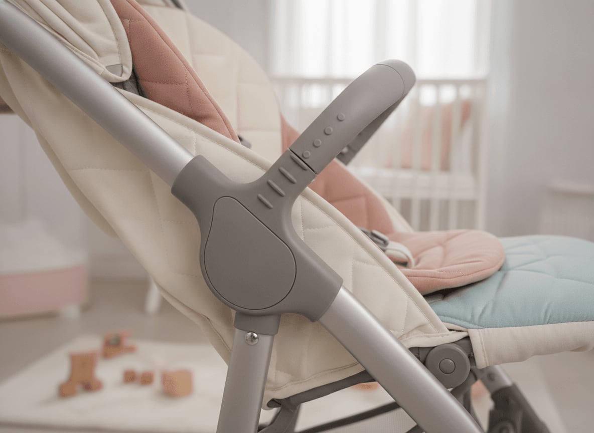 Die verstellbare Rückenlehne eines Joie Kinderwagens, die für den Komfort korrekt eingestellt werden muss.