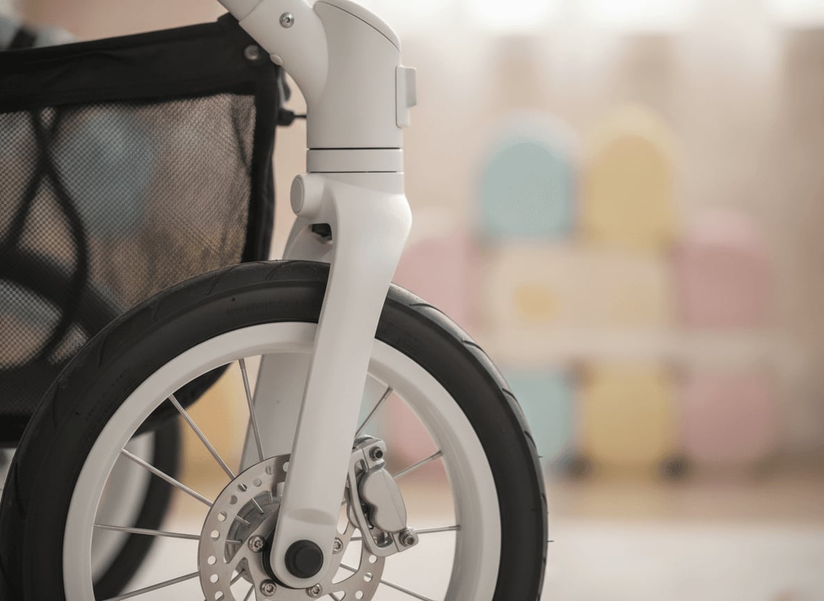 Wartungstipps für den Joie Litetrax: Gereinigtes Rad mit Fokus auf die saubere Achse und die Bremsmechanik des Buggys.