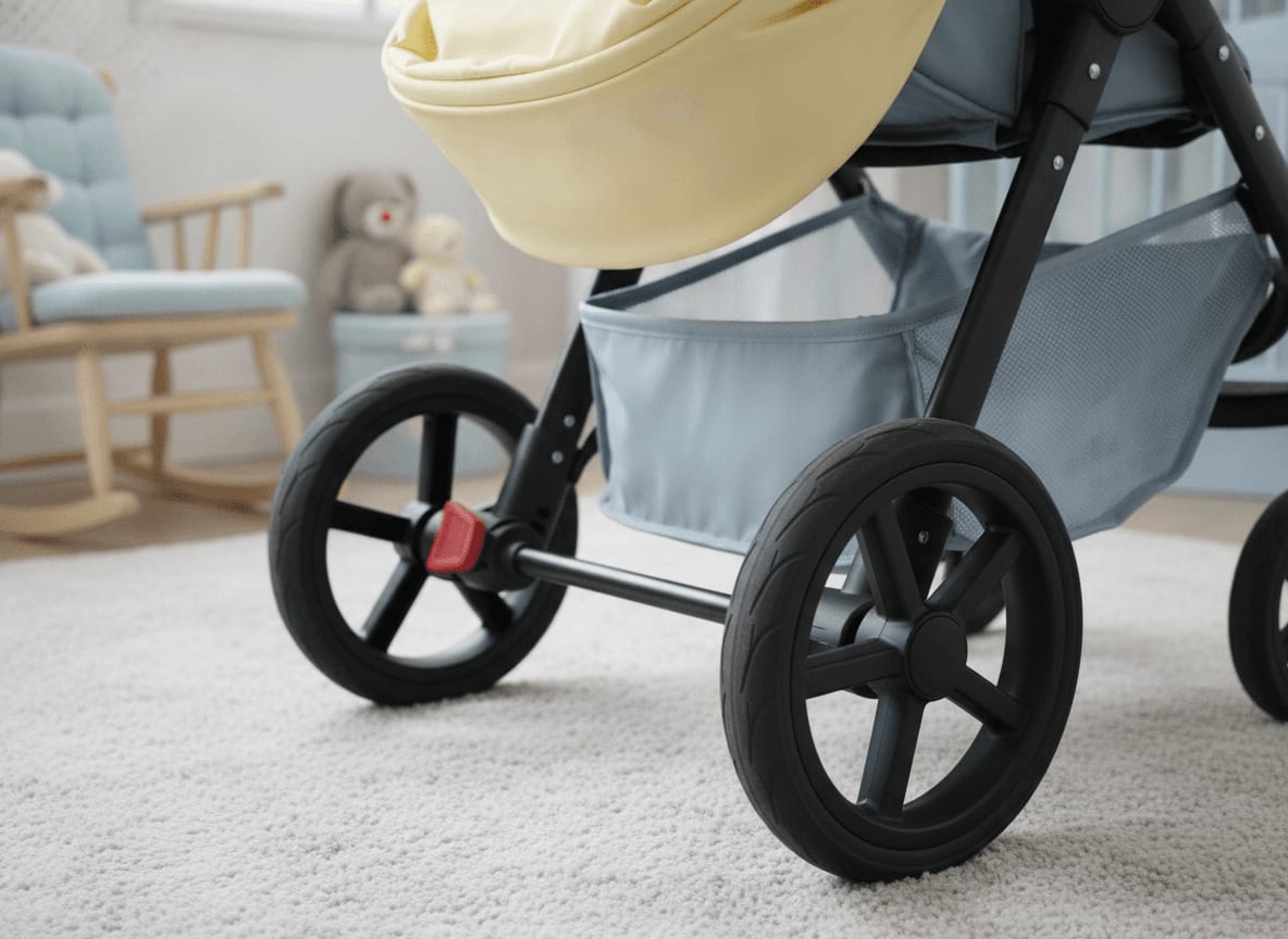 Vorbereitung zum Joie Litetrax zusammenklappen: Die Feststellbremse am Hinterrad ist aktiviert und das Verdeck zurückgeklappt.