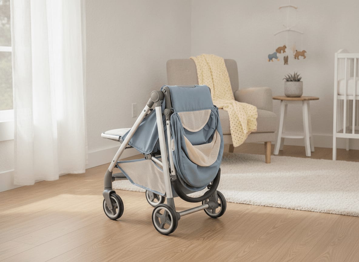 Kompakt zusammengeklappter Joie Litetrax Buggy steht aufrecht im Wohnzimmer und zeigt das platzsparende Faltmaß.