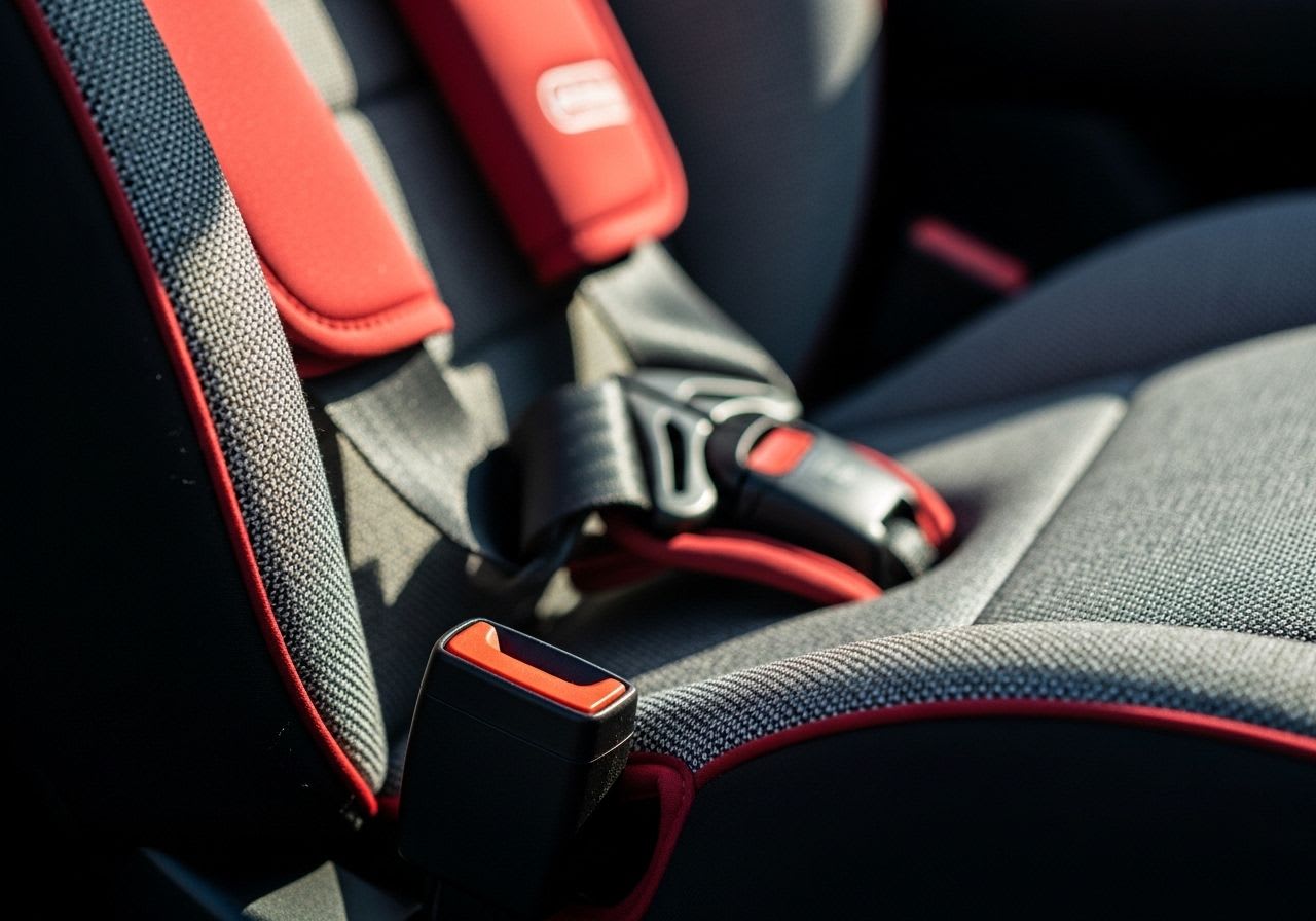 Nahaufnahme der Gurtführung an einem Kindersitz ohne Isofix, der die korrekte Installation für die Gruppe 9-36 kg sicherstellt.