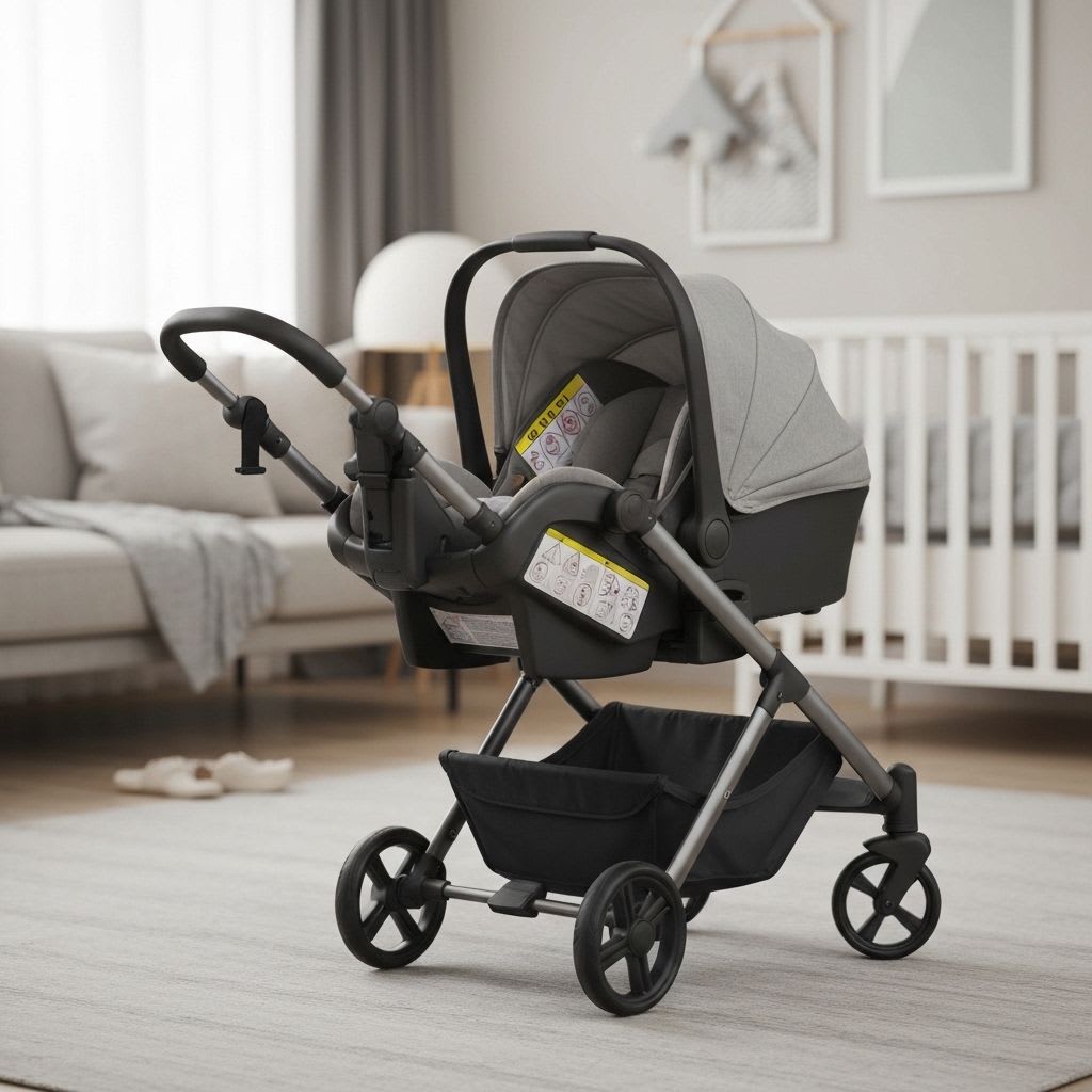 Kinderwagen-Reisesystem mit Autositz-Aufsatz in einem modernen Wohnbereich, verdeutlicht die verschiedenen Kinderwagen-Arten.