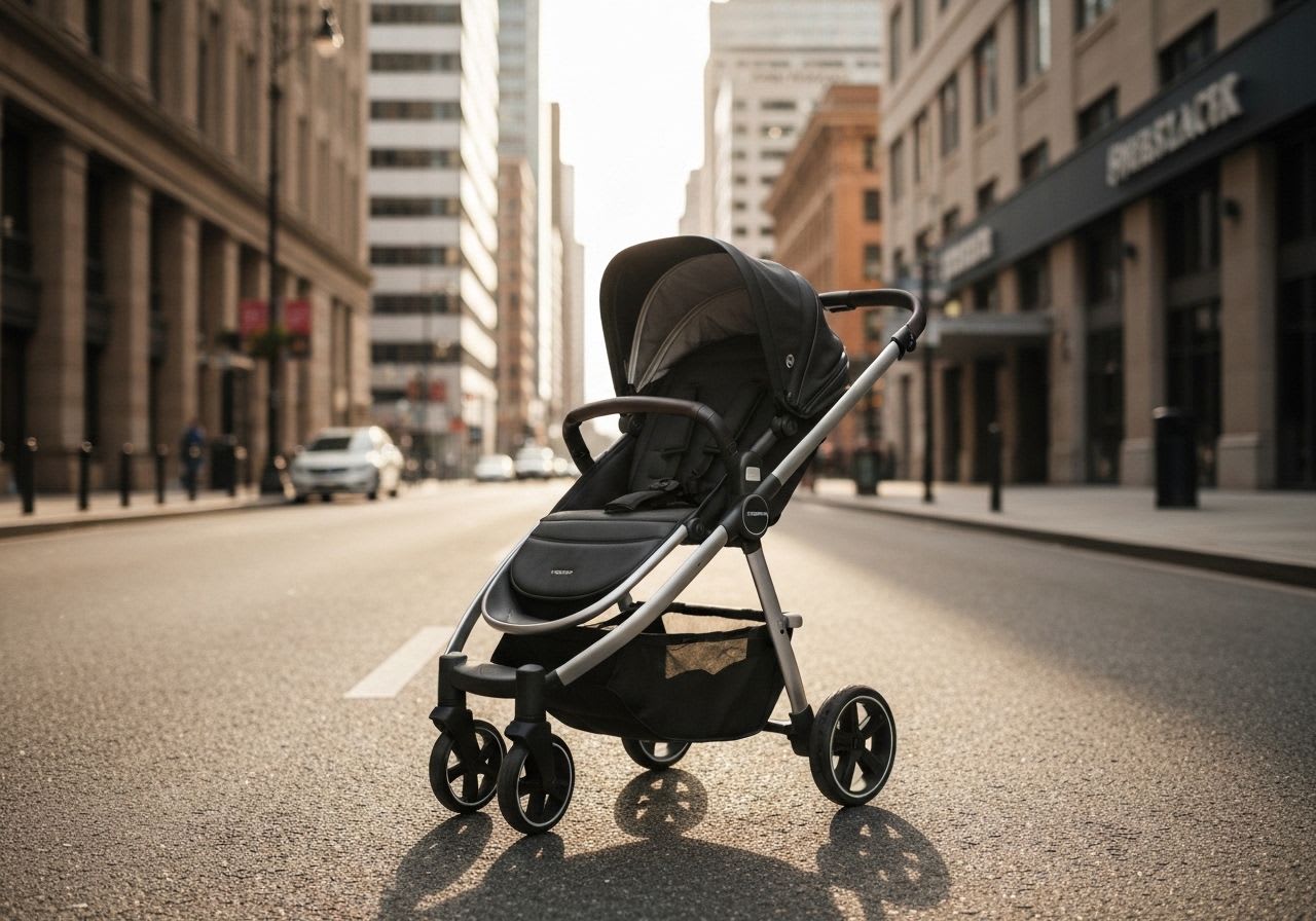 Moderner Stadt-Kinderwagen auf einer belebten Straße, illustriert Kaufkriterien für urbane Nutzung und Merkmale.