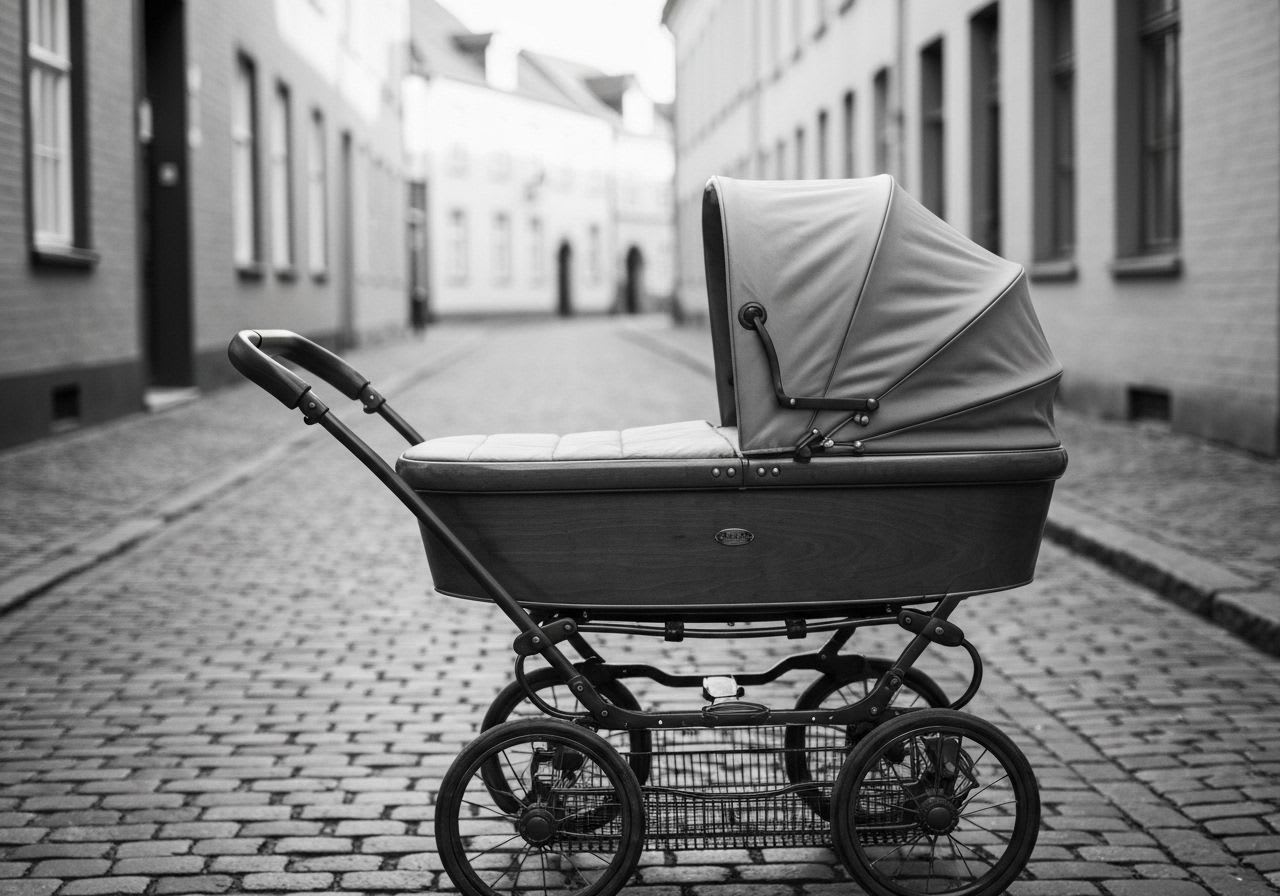 Historischer, aufwendig gestalteter Kinderwagen aus dem 19. Jahrhundert auf einer Kopfsteinpflasterstraße, symbolisiert die Definition und frühe Entwicklung.