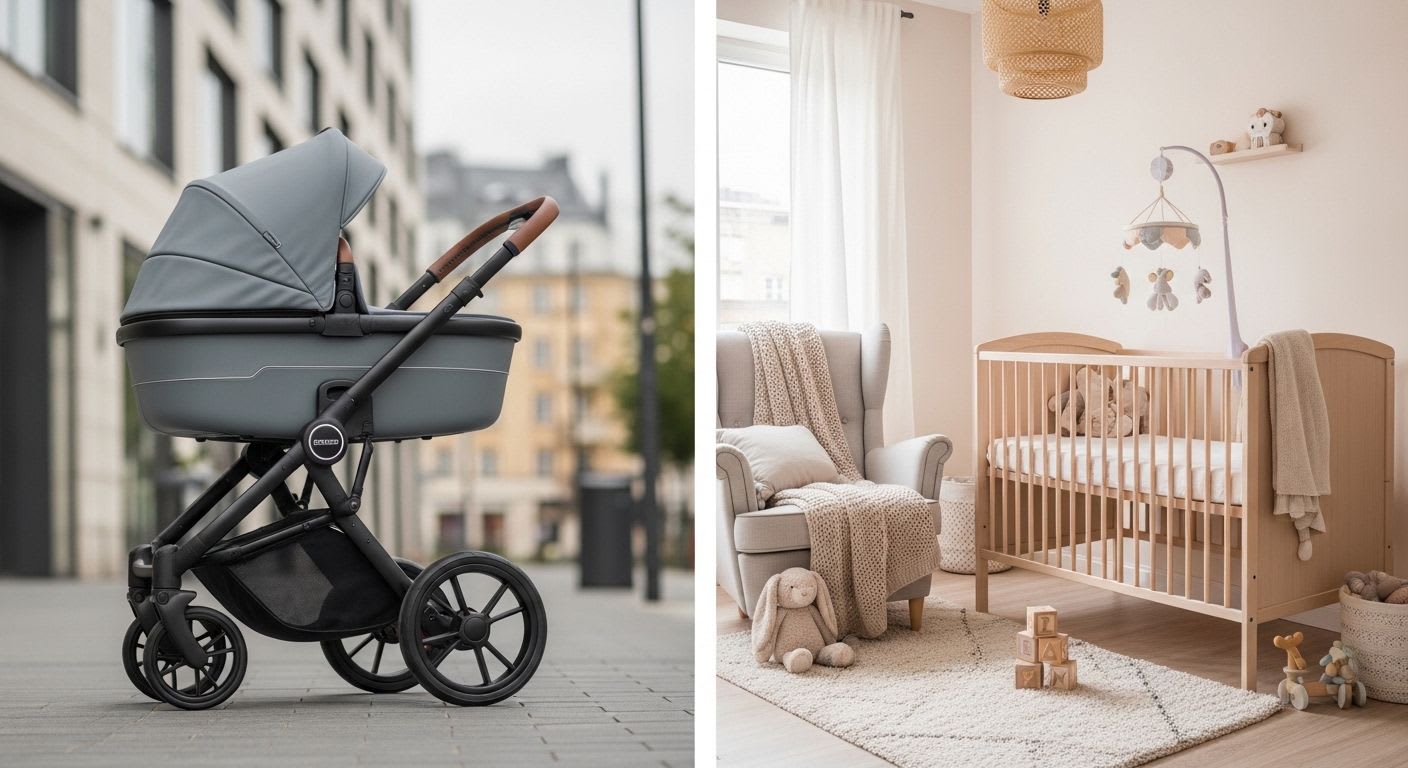 Eleganter Premium-Kinderwagen für die Stadt auf einer belebten urbanen Straße, der modernes Design und die Eignung für das Stadtleben zeigt.