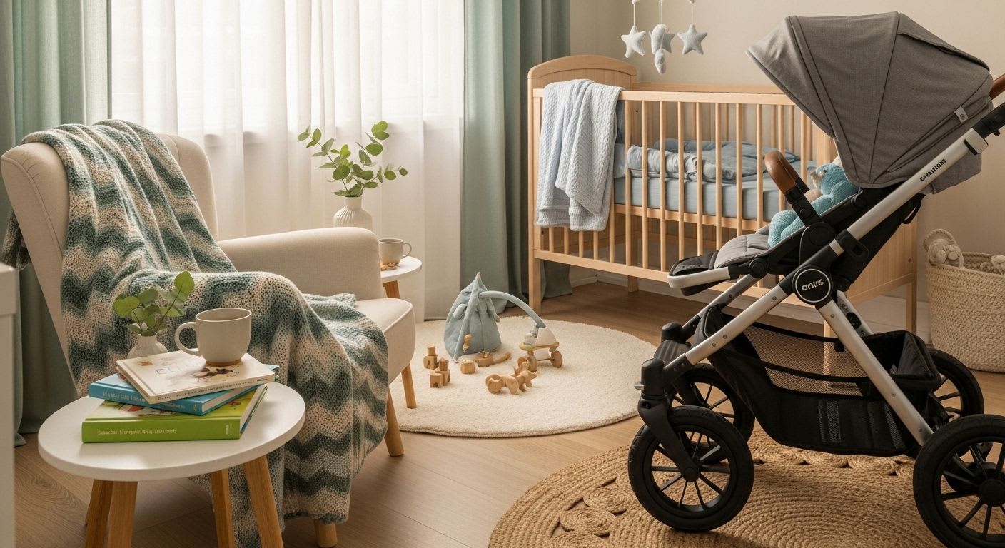 Ein geländegängiger Kinderwagen mit Luftreifen meistert einen unebenen Schotterweg, ideal für Ausflüge abseits von Kopfsteinpflaster.