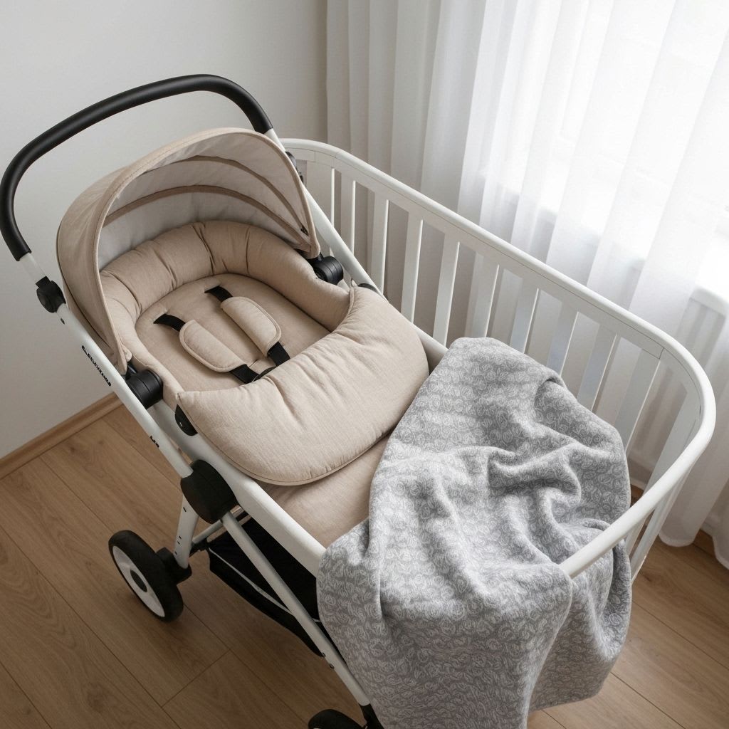 Kuschelige Bio-Baumwoll-Einlage und Decke in einem Kinderwagen-Bassinett, zur Schaffung von Gemütlichkeit bei Kinderwagen Verweigerung.