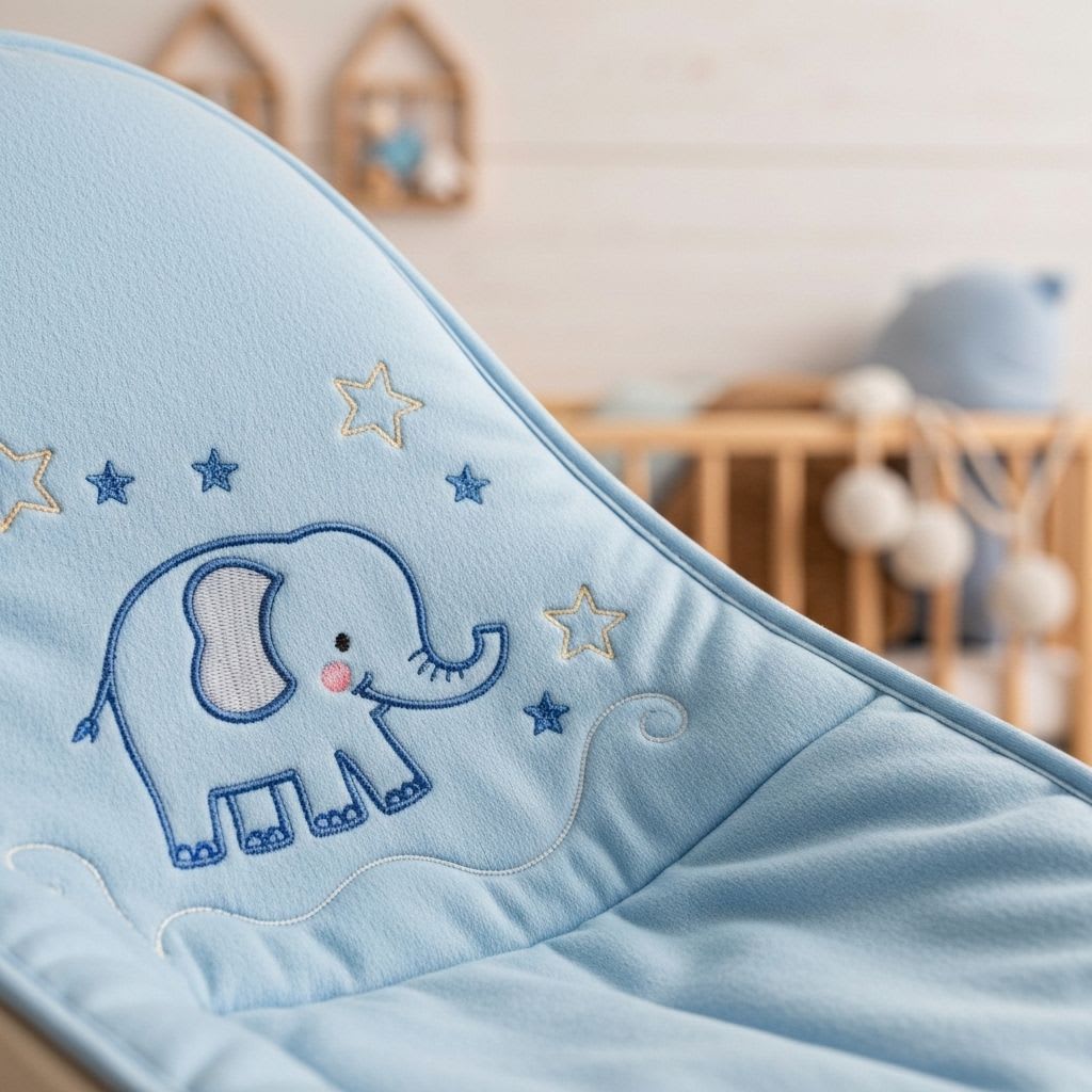 Nahaufnahme eines atmungsaktiven Kinderwagen-Sitzpolsters mit weichem Spielzeug, fördert Geborgenheit und Akzeptanz des Kinderwagens.