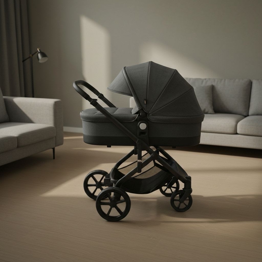 Leerer moderner Kinderwagen mit ausgefahrenem Sonnenverdeck und bequemer Matratze, für eine angenehme Umgebung bei Kinderwagen Verweigerung.