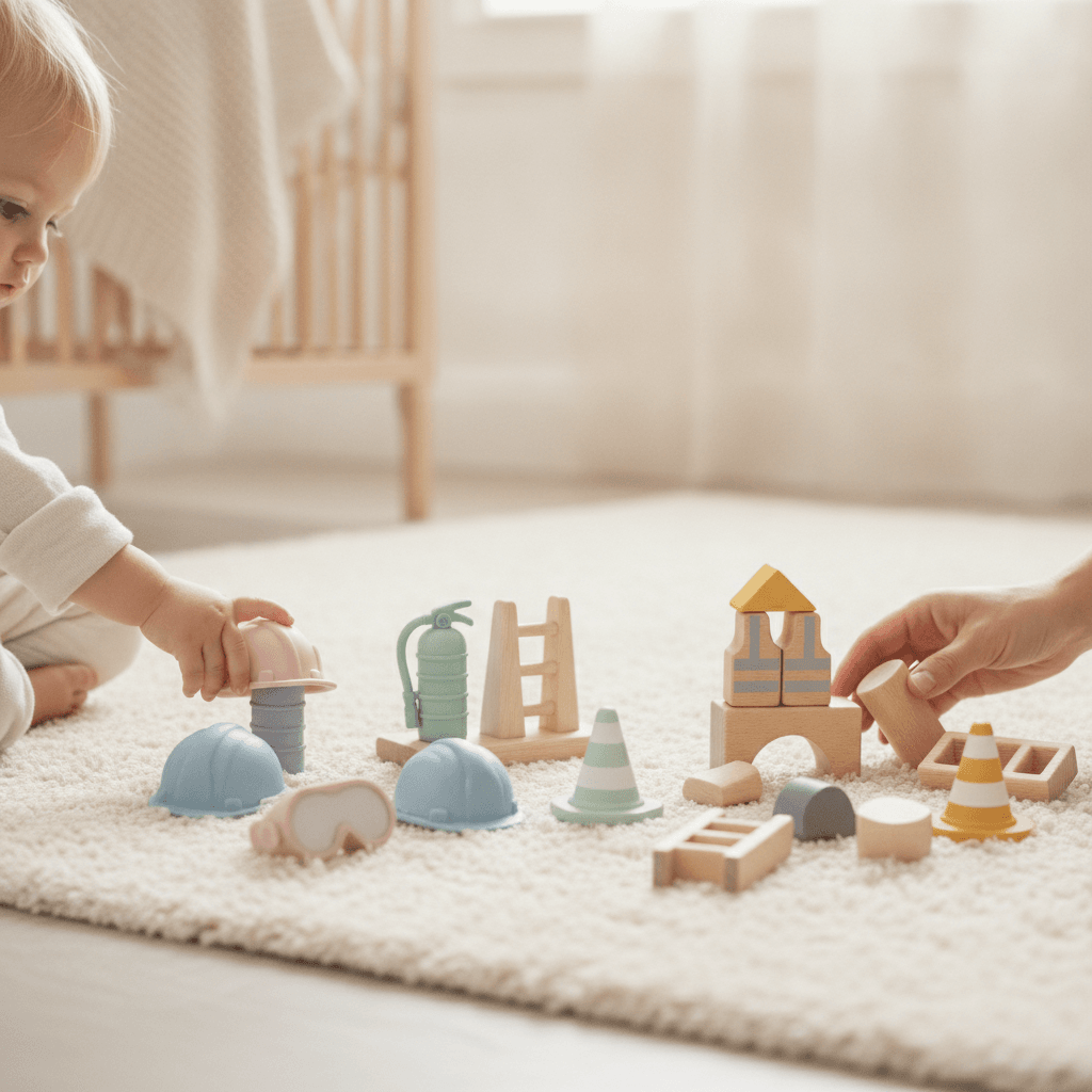 Auswahl an schadstofffreiem Spielzeug aus Holz und Silikon für die sichere Nutzung im Laufstall.