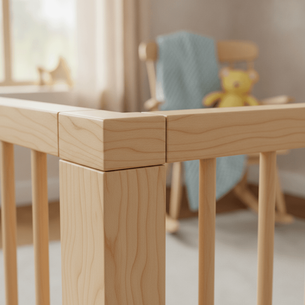 Detailaufnahme der schadstoffgeprüften Verarbeitung eines Holz-Laufstalls mit glatten, abgerundeten Kanten für maximale Sicherheit.