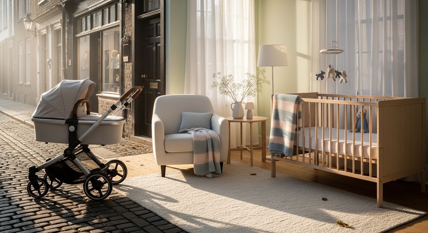 Ein leichter Kinderwagen für die Stadt steht auf einem Kopfsteinpflasterweg und symbolisiert Mobilität in urbaner Umgebung.