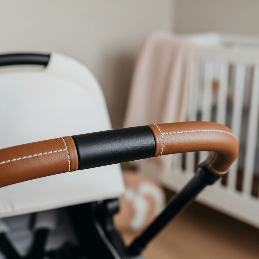 Detailansicht vom edlen Kunstleder-Schiebegriff mit feinen Nähten an einem leichten Kinderwagen unter 8 kg