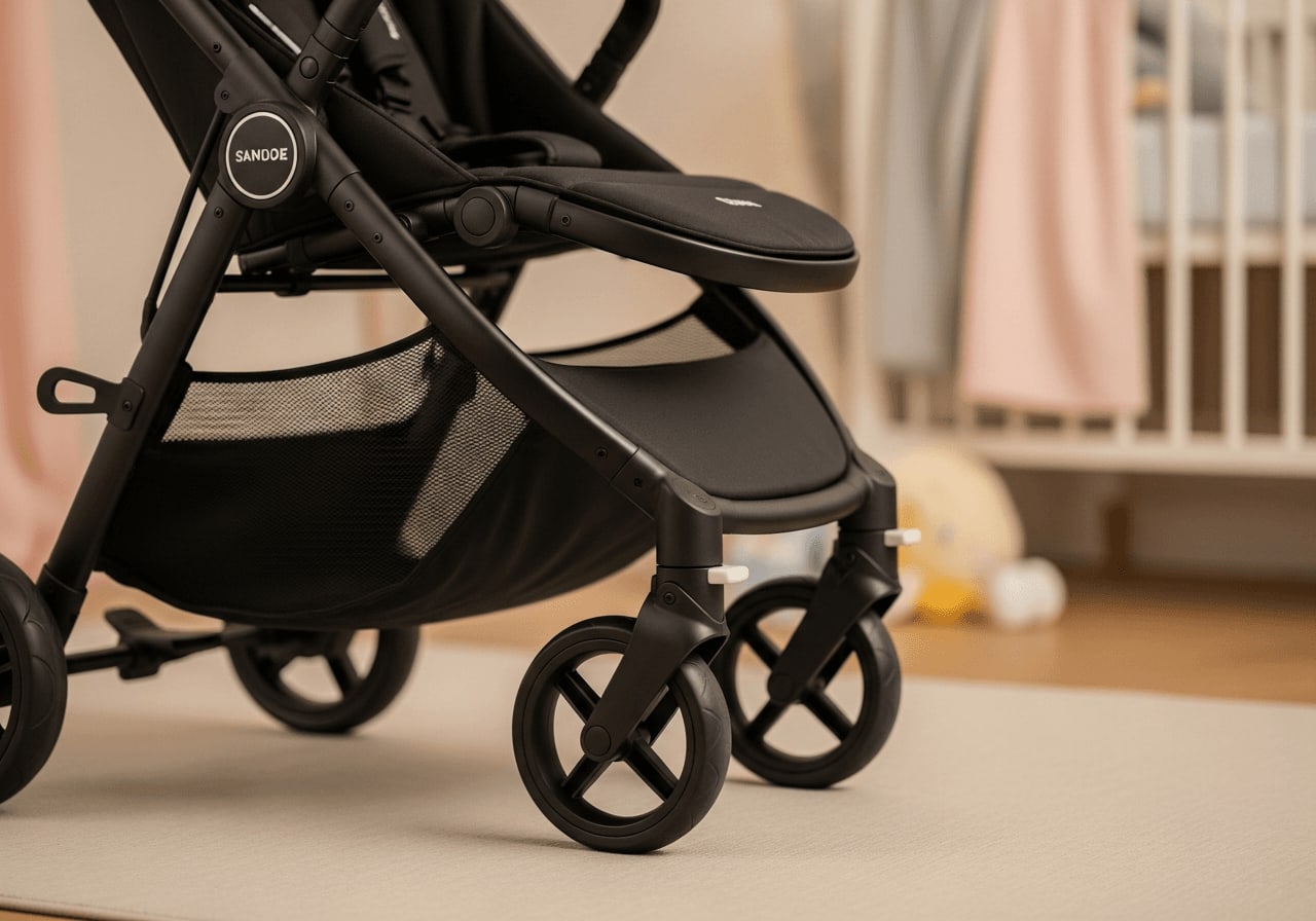 Detailaufnahme vom mattschwarzen Aluminiumrahmen und der Radaufhängung beim leichten Kinderwagen unter 8 kg