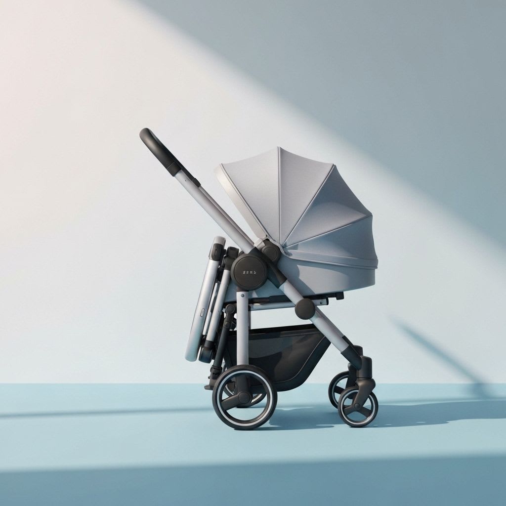 Minimalistisches Produktbild eines teilweise zusammengeklappten High-Tech-Kinderwagens, der die kompakten Maße der Trends 2026 zeigt.