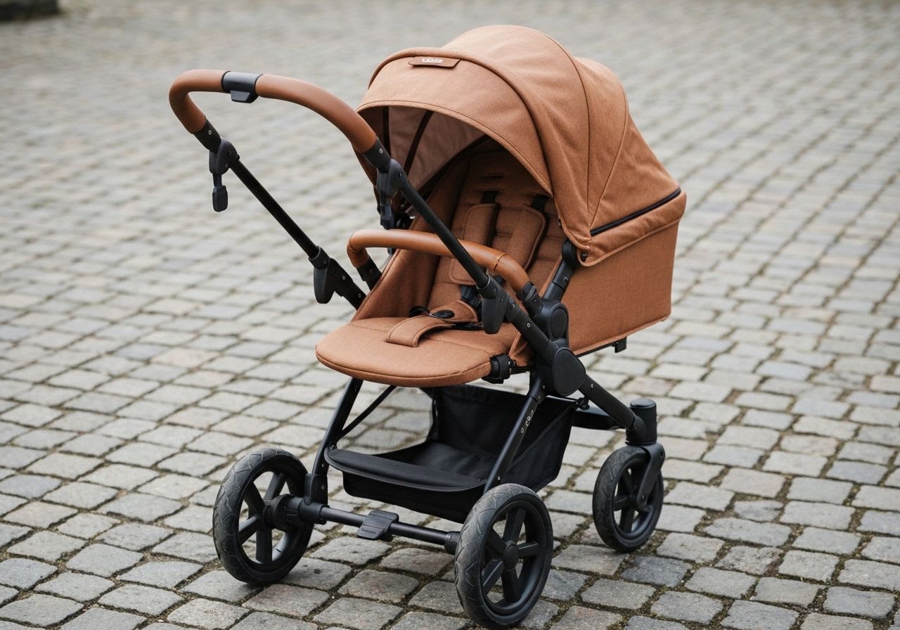 Nahaufnahme eines Kinderwagens mit verstellbarem Griff, Federung und pannensicheren Rädern auf Kopfsteinpflaster, Details der Kinderwagen-Trends 2026.