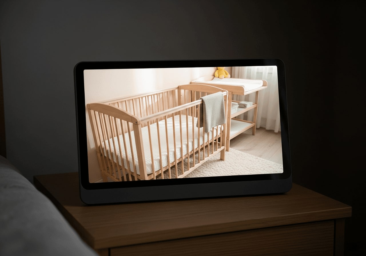 Modernes Video-Babyphone auf einem Nachttisch, das ein leeres Gitterbett auf dem leuchtenden Bildschirm zeigt