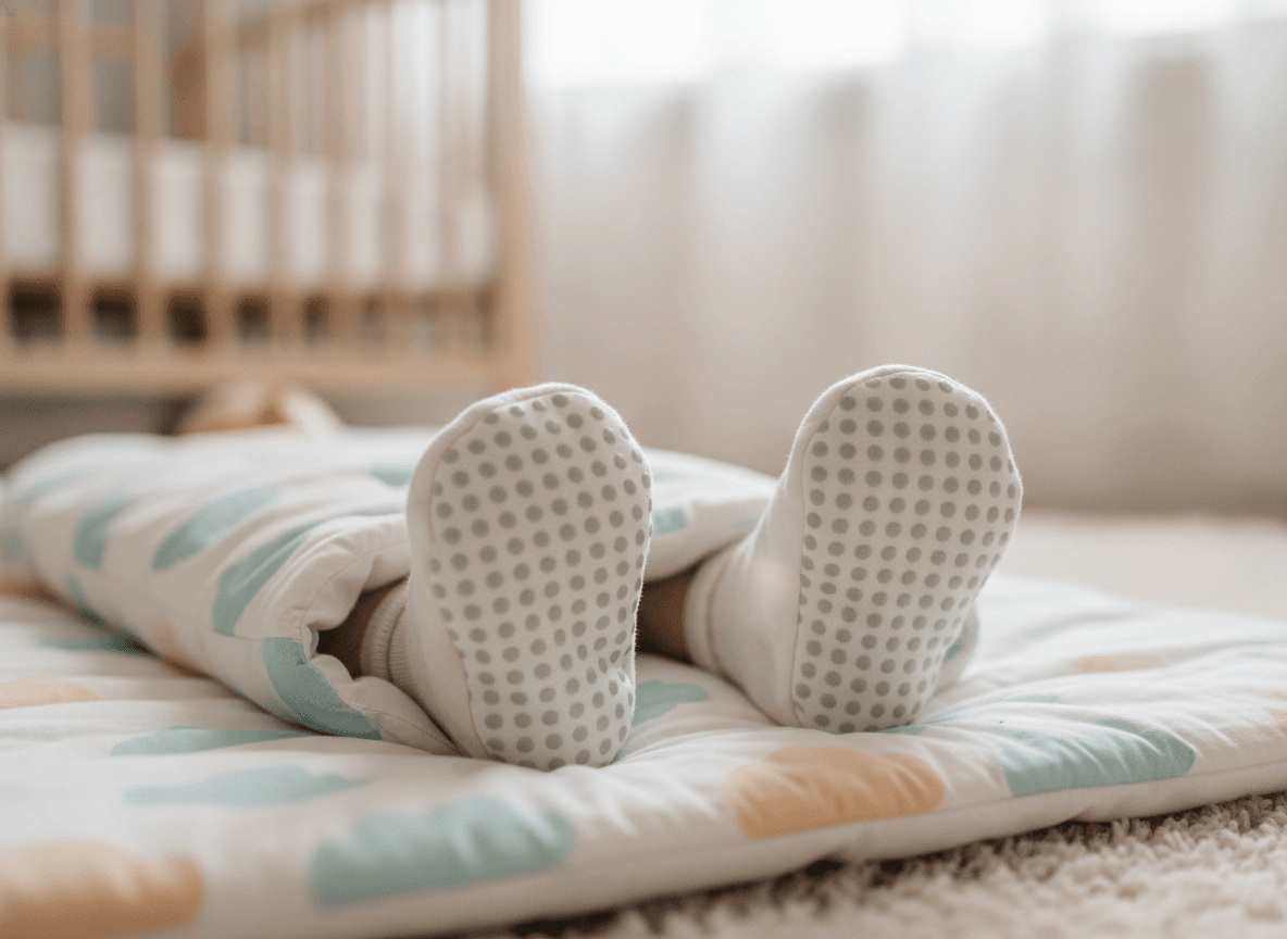 Ein Schlafsack mit Füßen und integrierten Füßlingen mit Anti-Rutsch-Noppen für warme und sichere Füße.