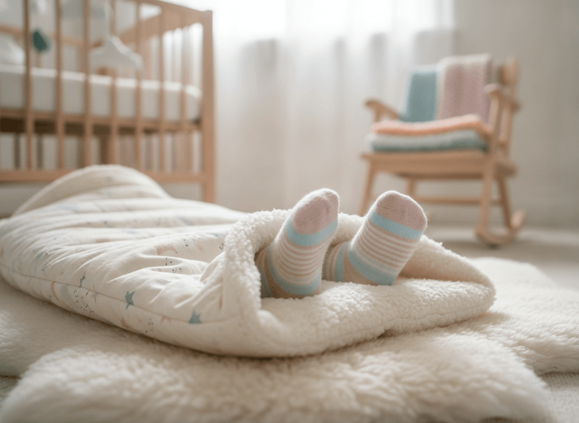 Umklappbare Bündchen an einem Schlafsack mit Füßen, die als eine praktische Alternative zu Socken dienen.