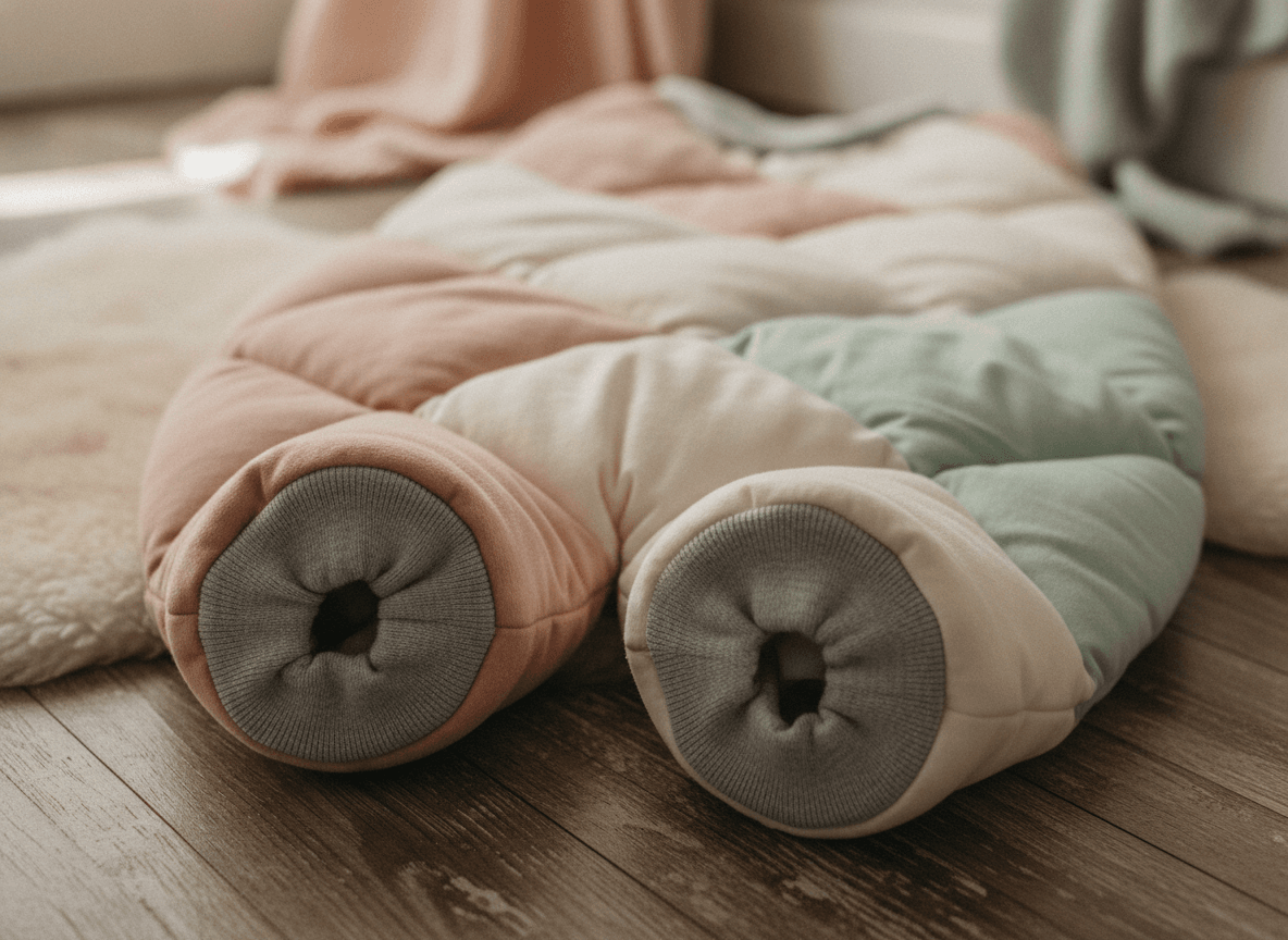 Detailaufnahme der warmen Bündchen eines dicken Schlafsacks mit Füßen, der für optimalen Wärmeschutz sorgt.