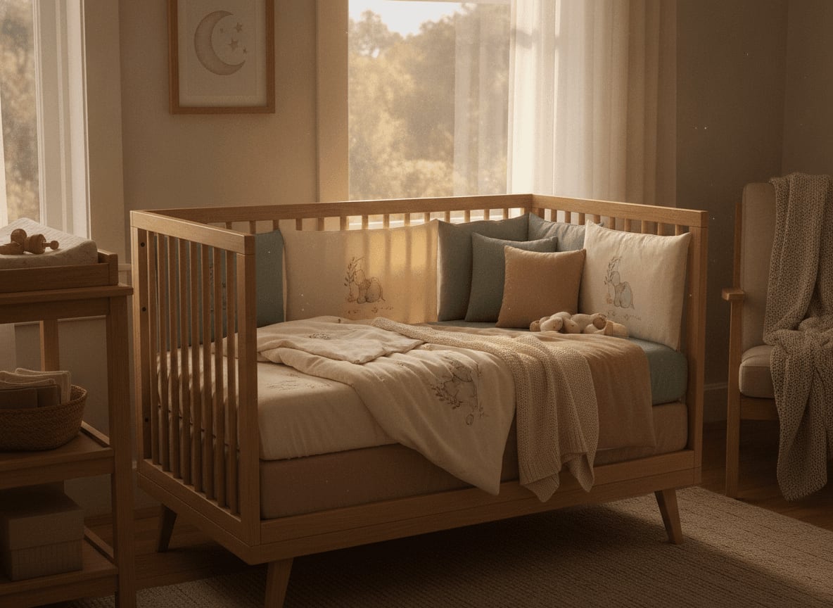 Ein leeres Beistellbett im sanften Morgenlicht als Symbol der Hoffnung für Eltern, deren Schreibaby bald ruhiger wird.