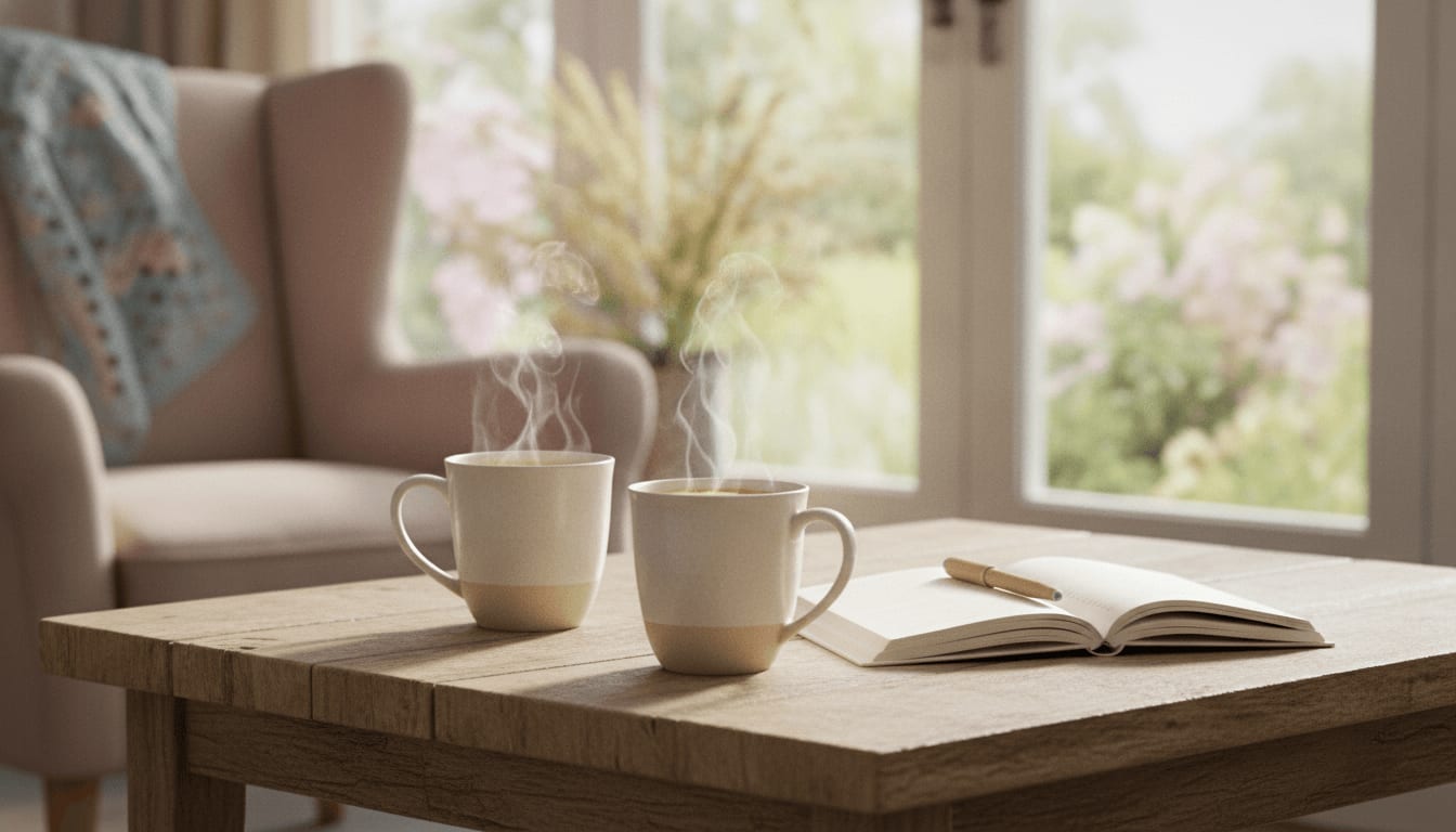 Zwei Kaffeetassen auf einem Tisch symbolisieren den wichtigen Austausch für Eltern von einem Schreibaby in einer Selbsthilfegruppe.